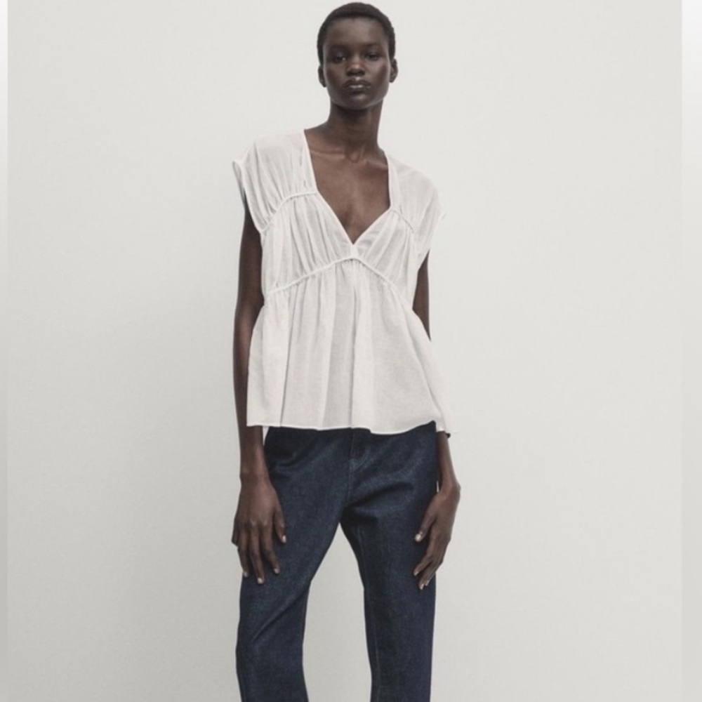 Massimo Dutti tiered cotton voile White V-Neck Cap Sleeve Top size XS